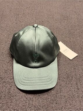 AMI Paris Green Ami de coeur Cap Satin Baseball Hat.